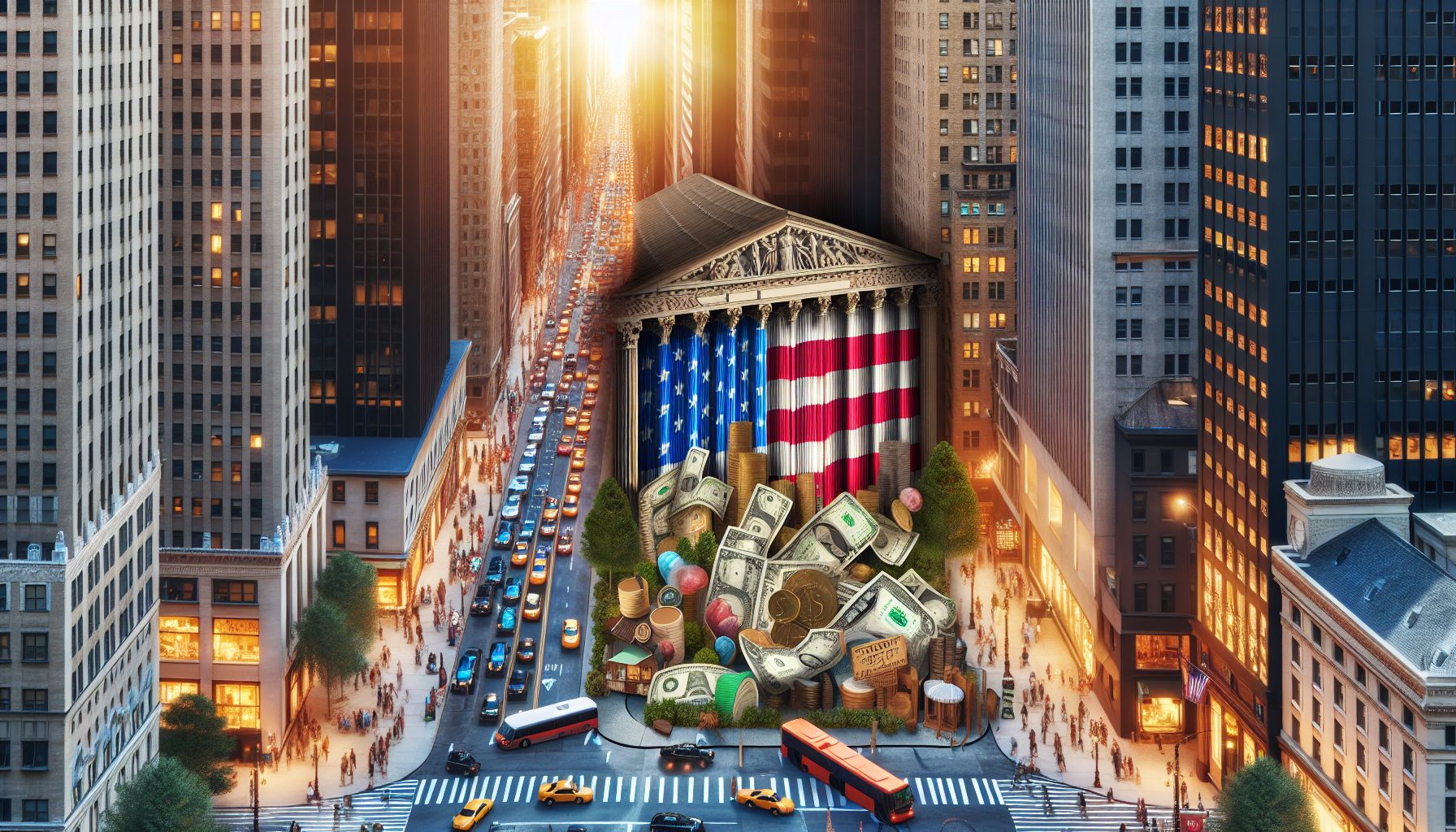 Pemandangan jalanan sibuk di kota New York dengan ilustrasi grafik kenaikan harga, menggambarkan dampak inflasi di Amerika.